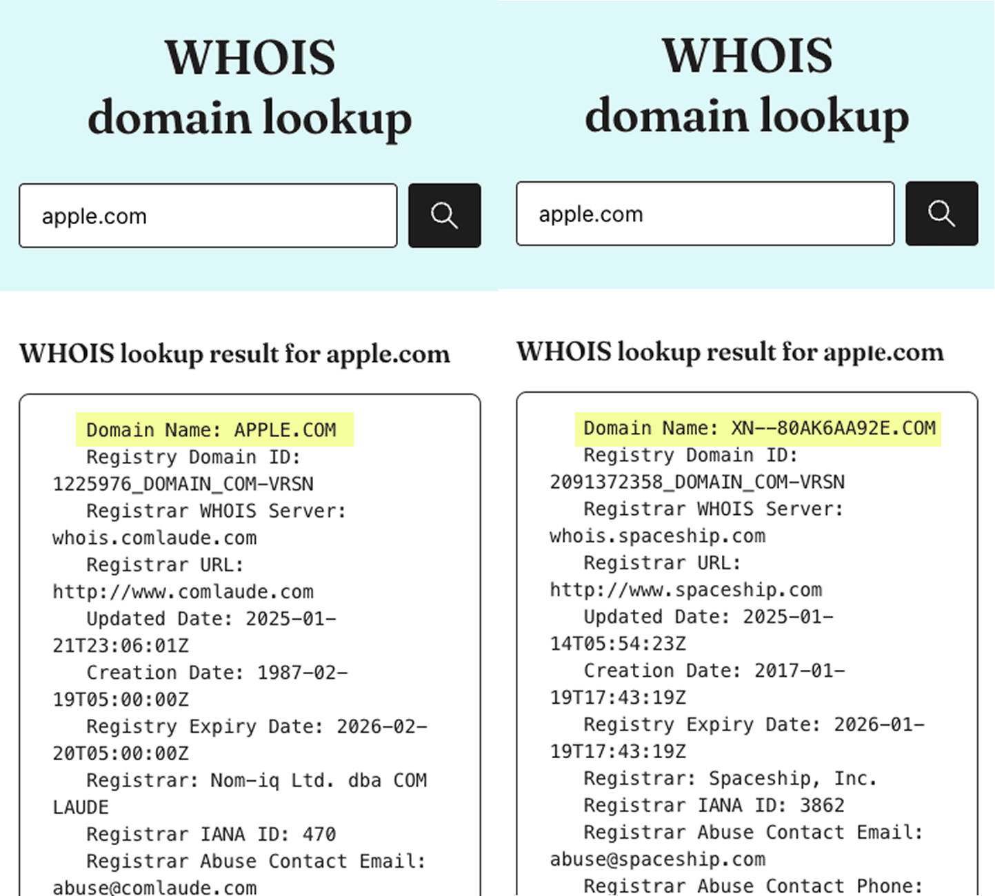 真實蘋果網域（左）和仿冒版本（右）經過 WHOIS 查詢辨識真偽